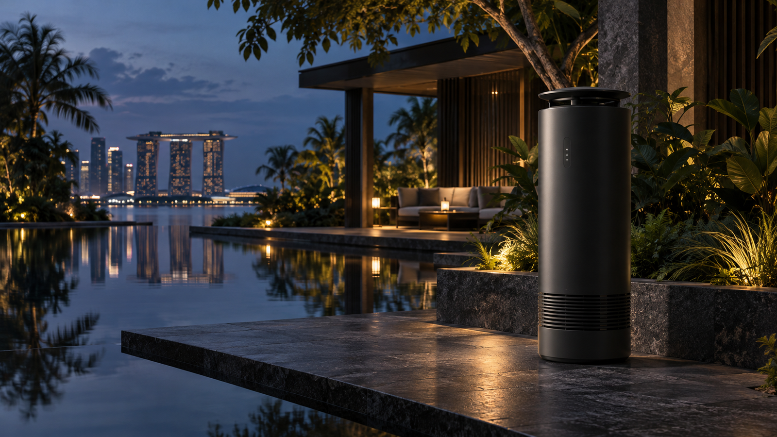 Concept visual of a Sentinel station in a Singapore garden at dusk
